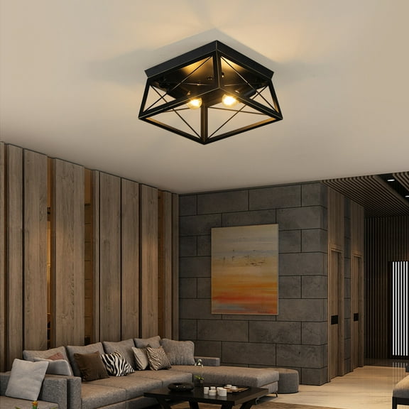 2-Light Ceiling Light Fixture Farmhouse Industrial Flush Mount Matte Black Lamps