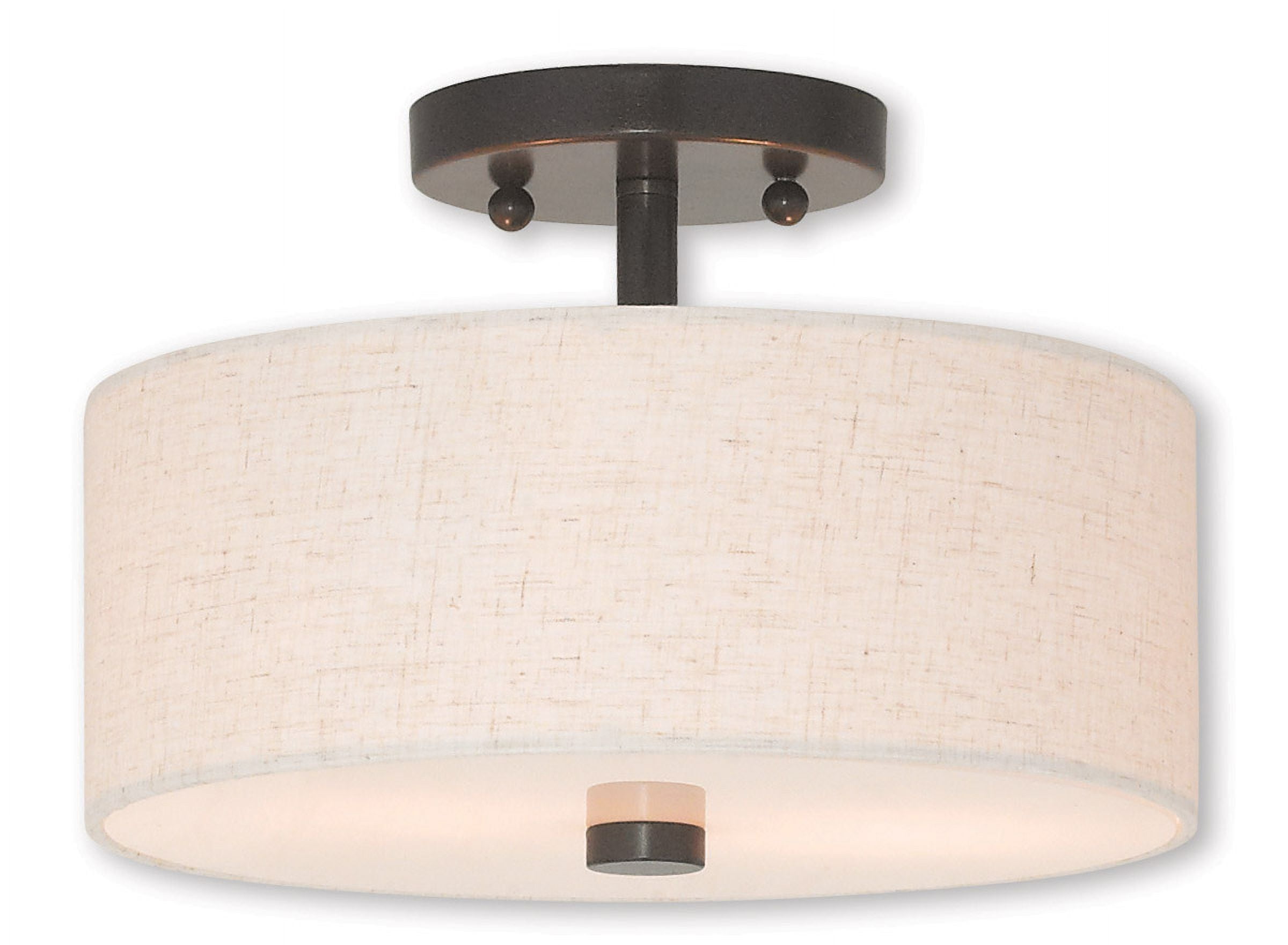 2 Light English Bronze Ceiling Light fixture with Hand Crafted Oatmeal Color Fabric Hardback Shade