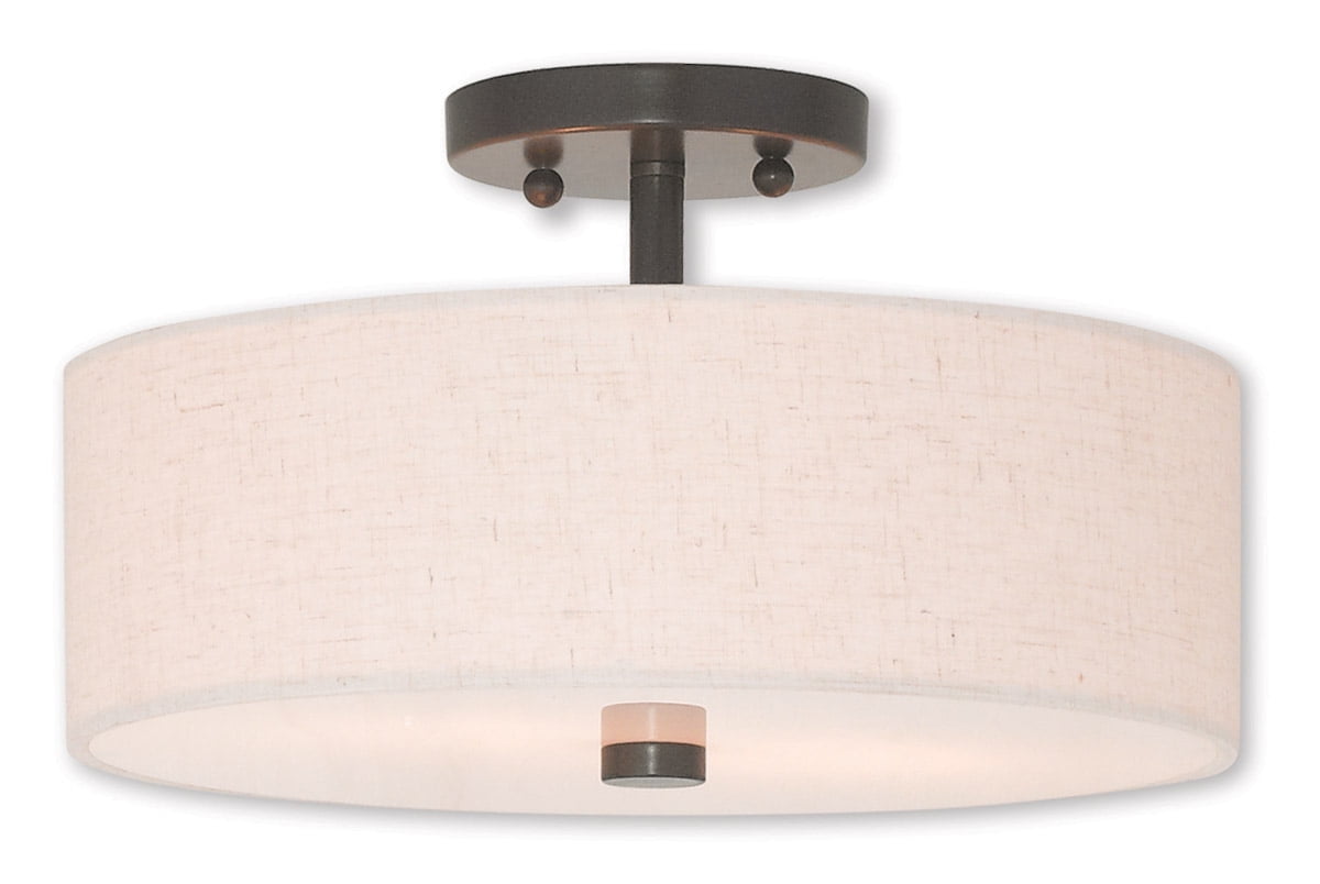 2 Light English Bronze Ceiling Light fixture with Hand Crafted Oatmeal Color Fabric Hardback Shade