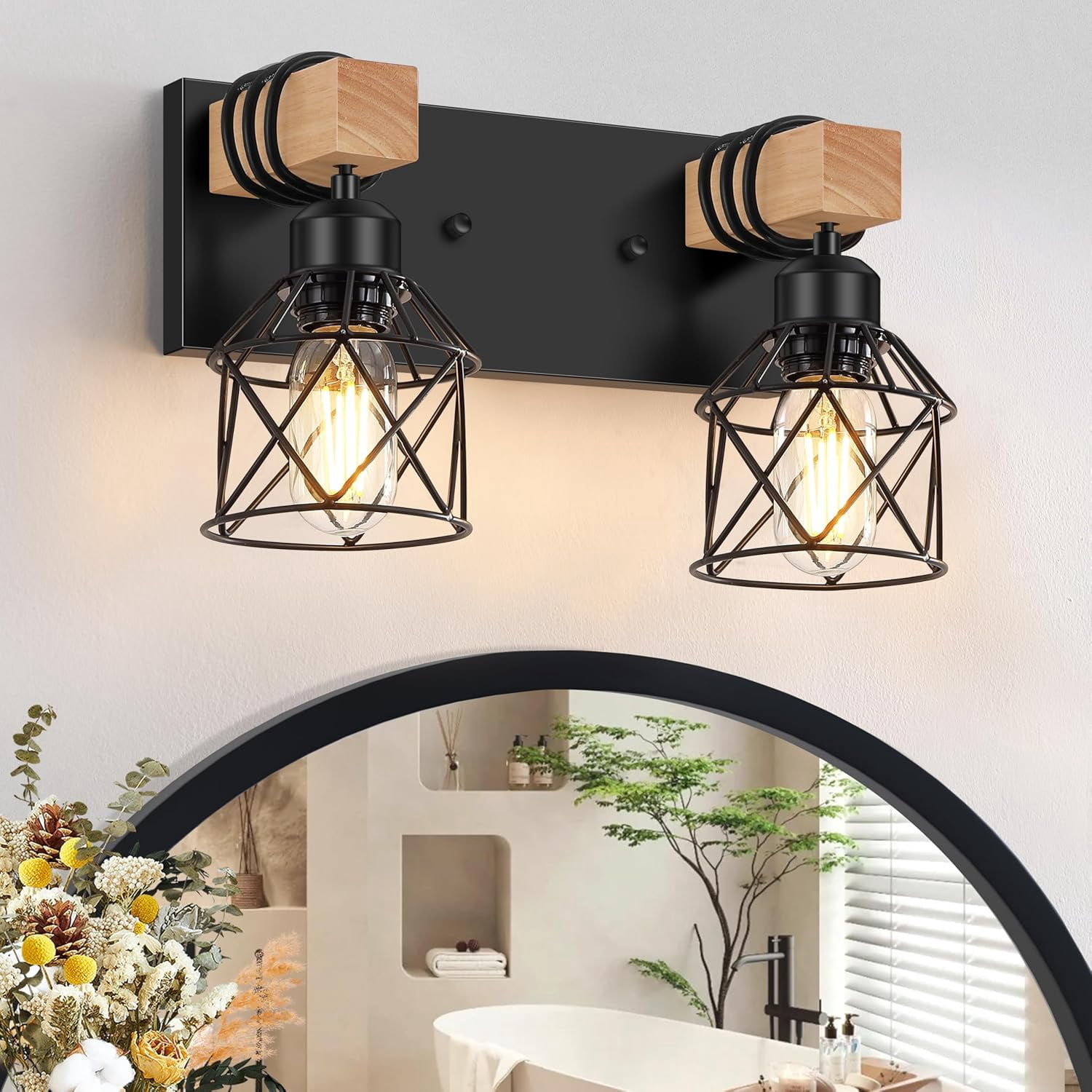 4-Light Farmhouse Bathroom Vanity Light - Rustic Wood & Metal Fixture, Wall Sconce For Over Mirror, Bedroom, Hallway