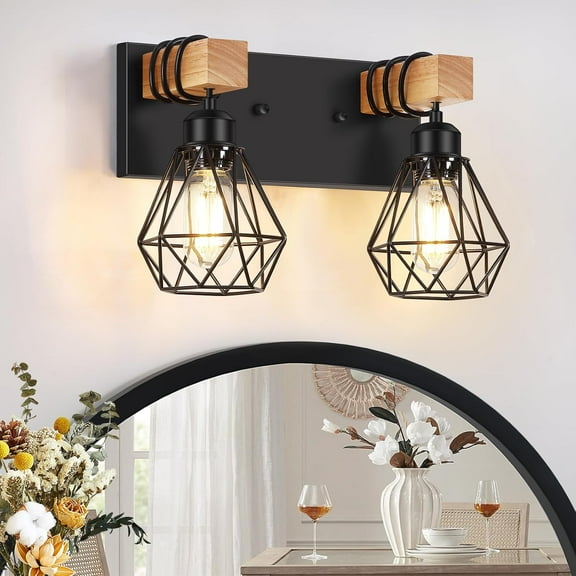 2-Light Farmhouse Bathroom Vanity Lighting Fixture for Bathroom Industrial Wood Wall Light over Mirror with Metal Shade, Bulbs Not Included
