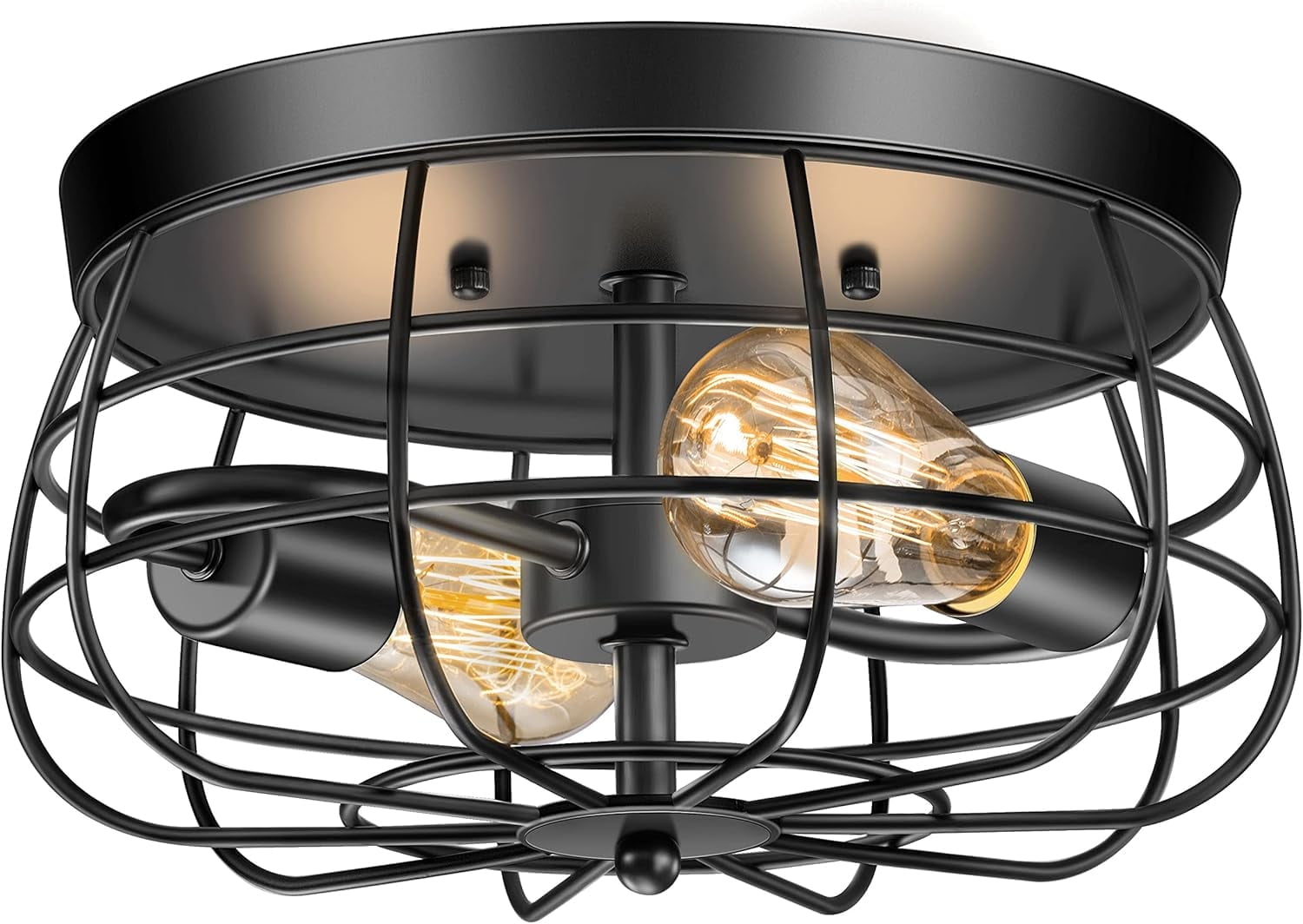 2-Light Farmhouse Ceiling Light Fixtures Industrial Black Semi Flush Mount Ceiling Light with Metal Cage for Kitchen Living Room