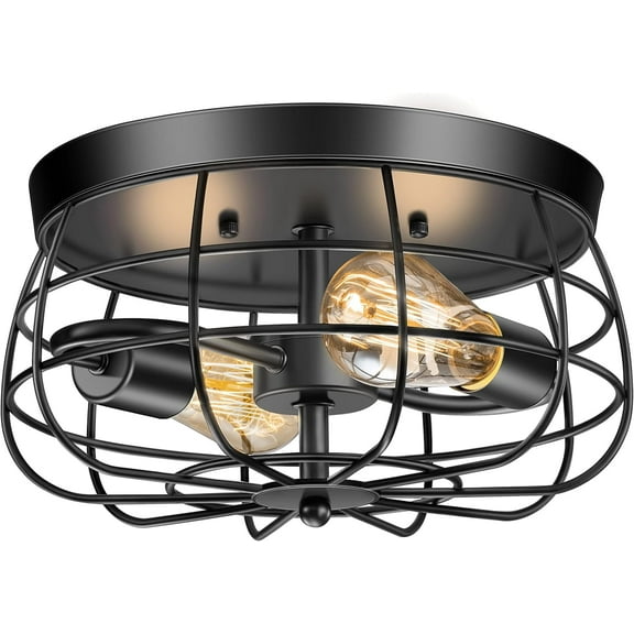 2-Light Farmhouse Ceiling Light Fixtures Industrial Black Semi Flush Mount Ceiling Light with Metal Cage for Kitchen Living Room