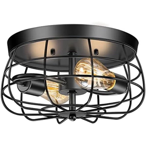 2-Light Black Cage Ceiling Light - Farmhouse Industrial Flush Mount Fixture For Kitchen, Living Room, Hallway, Bedroom