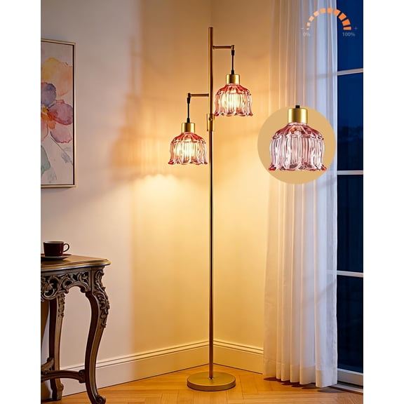 2-Light Flower Floor Lamp, 65IN Rose Red Glass Floor Lamp with 3000K Warm White Bulbs, Modern Standing Tall Lamp with 5Lbs Heavy Base for Living Room Bedroom Office Sofa Beside