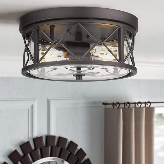 2-Light Flush Mount Ceiling Light, 12 Inch Kitchen Light Fixtures Ceiling with Clear Glass Cover, Oil Rubbed Bronze Finish, ZY25-F ORB