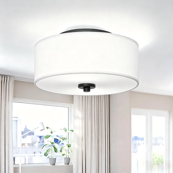 2-Light Flush Mount Ceiling Light Fixture, 12 Close to Ceiling Light with White Fabric Drum Shade, Round Ceiling Light for Bedroom Hallway Living Room Bathroom Dining Kitchen