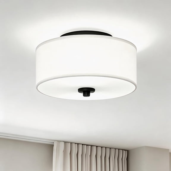 2-Light Flush Mount Ceiling Light Fixture, 12 Modern Close to Ceiling Light with White Fabric Drum Shade, Round Ceiling Light for Bedroom Hallway Living Room Bathroom Dining Kitchen