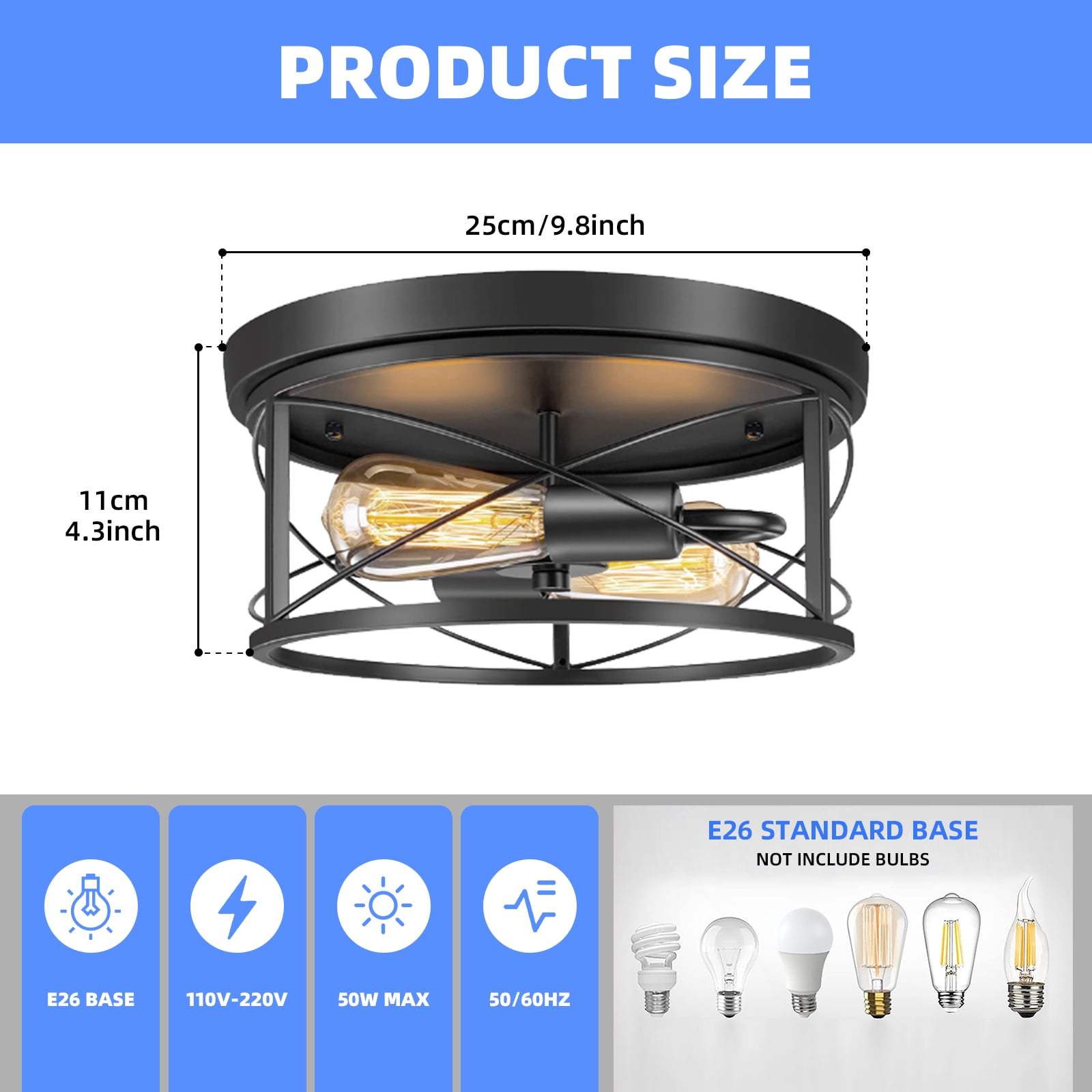 2Light Flush Mount Ceiling Light Fixture 24cm Black Round Retro Iron