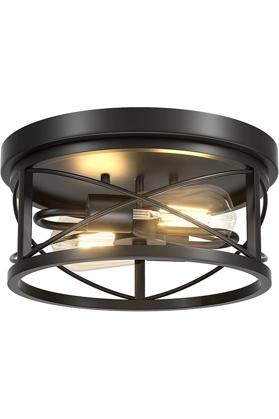 2-Light Flush Mount Ceiling Light Fixture Industrial Black Metal Farmhouse Close to Ceiling Lights for Kitchen Bedroom Foyer