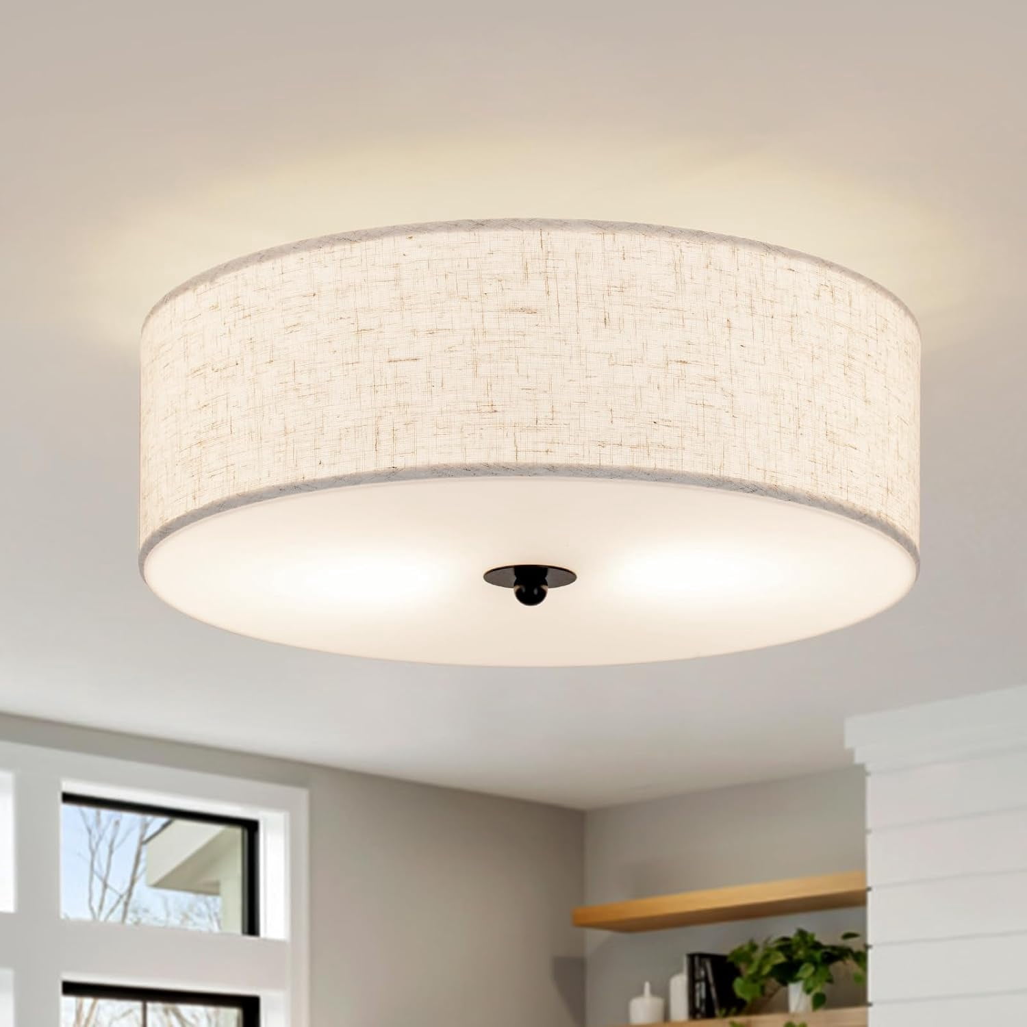 Ceiling Lightb 2-Light Flush Mount Ceiling Light with Beige Fabric Linen Drum Shade ...