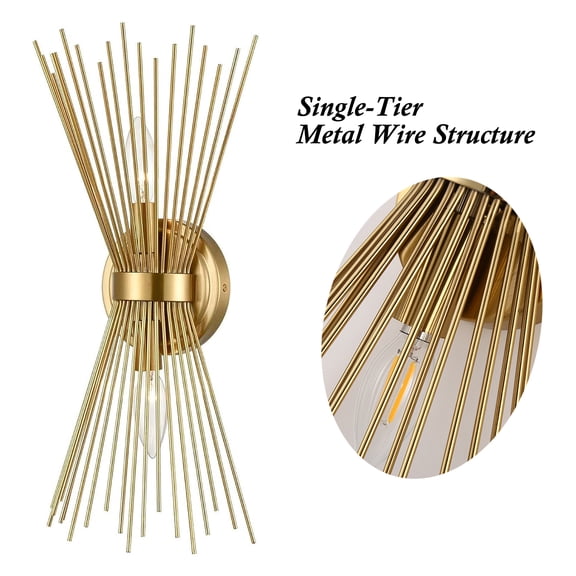 2-Light Gold Leaf Bathroom Vanity Wall Sconce, Mid-Century Starburst Wall Lamp, Single Layer Metal Shade, 17.72x5.12x7.87 Inch