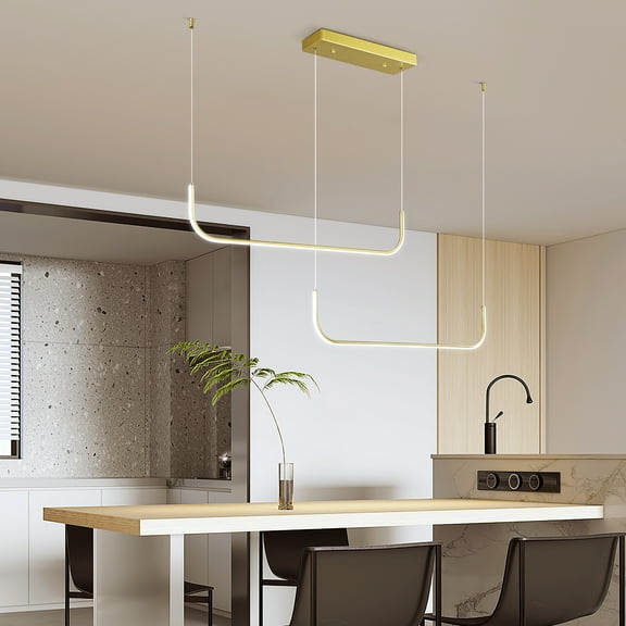 2 Light Linear Chandelier,Dimmable Modern LED Pendant Lighting for Kitchen Island,Dining Room,Office,Gold