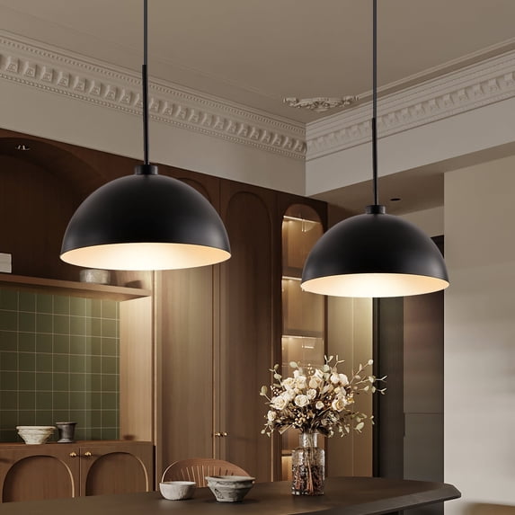 2-Light Linear Pendant for Kitchen Island, 35.45 Inch with Metal Dome Shades, Dimmable, Black
