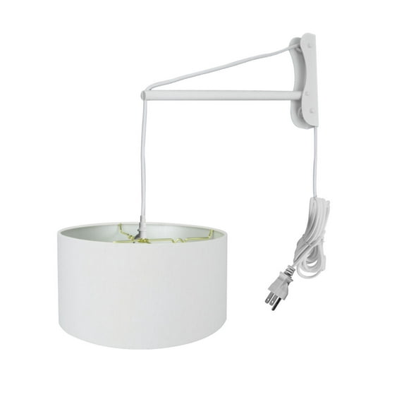 2 Light MAST Plug-In Wall Mount Pendant 16"w White Linen Drum with Diffuser, White Cord/Arm
