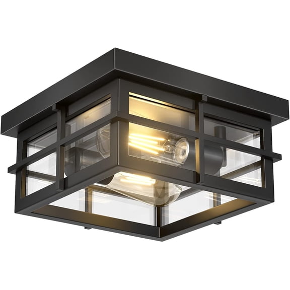 2-Light Matte Black Farmhouse Flush Mount Lights with Clear Glass Farmhouse Square Ceiling Lighting for Porch Bathroom Kitchen (Bulbs Not Included)