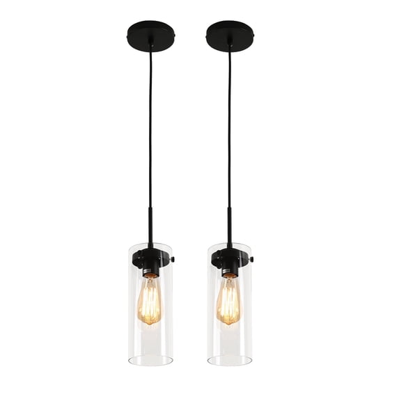 2-Light Modern Glass Shade Height Adjustable Cylinder Pendant Light Chandelier Ceiling Light Fixture for Kitchen Island Living Room