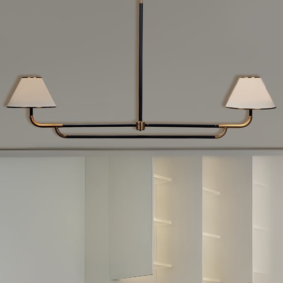 2-Light Modern Linear Chandelier, Kitchen Island Lighting with White Linen Shades, Dining Room Light Fixtures for Living Room Bedroom(Black)