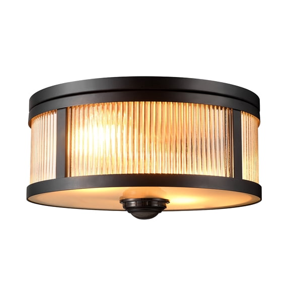 2-Light Motion Activated Outdoor Flush Mount Ceiling Light, Matte Black, Ribbed Glass Shade, Frosted Glass Lens, 360-Degree Detection, 25ft Range, Weather Resistant