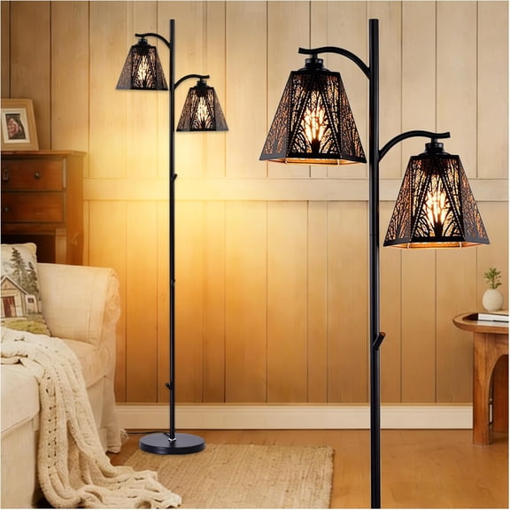 2-Light Multi Head Floor Lamp,Hummingbird Black Metal Bell Shade Gothic Tree Lamp,64.56" Rustic Farmhouse Standing Light for Living Room,Bedroom,Office