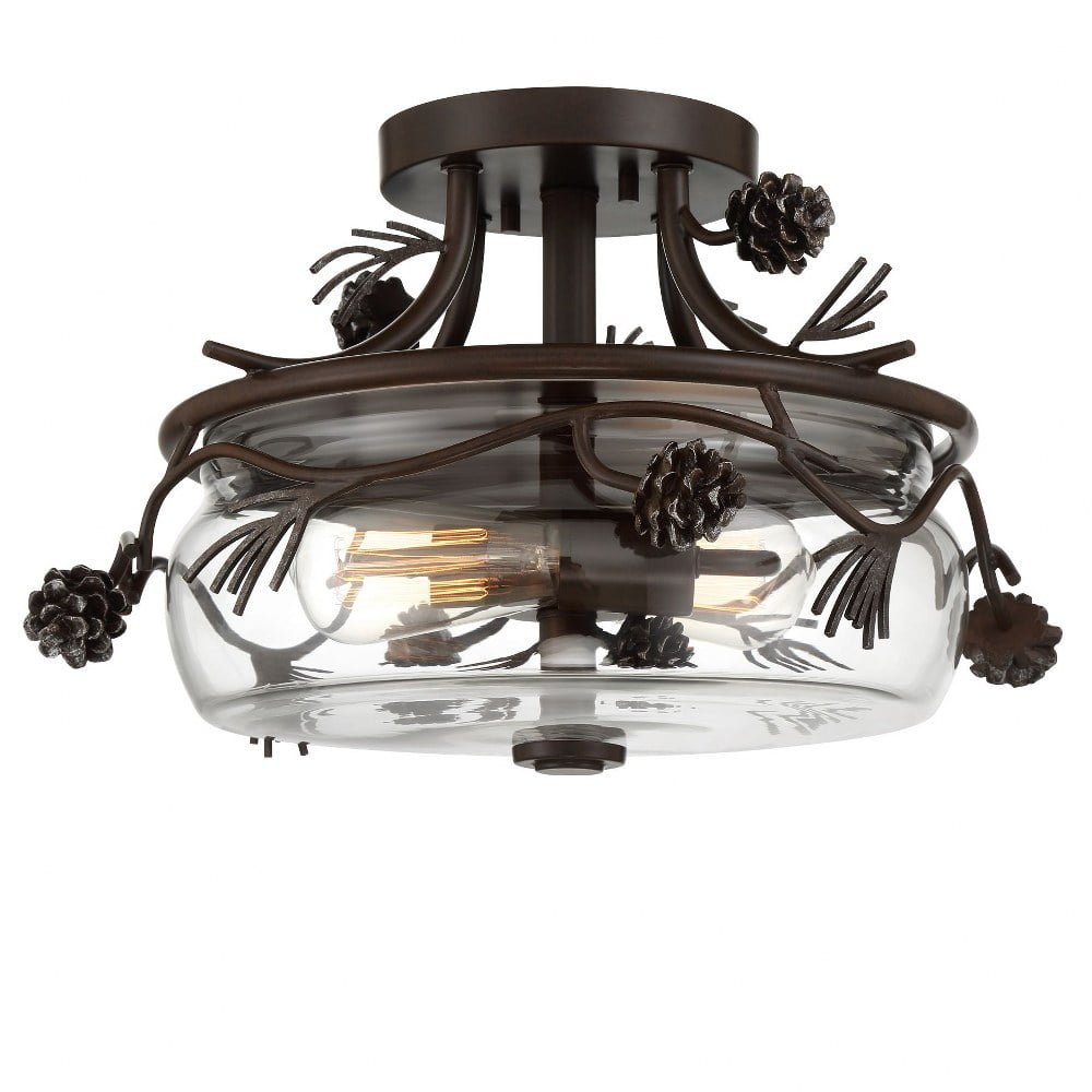 Weathered Spruce & Silver Glass Drum Semi-Flush Mount Light