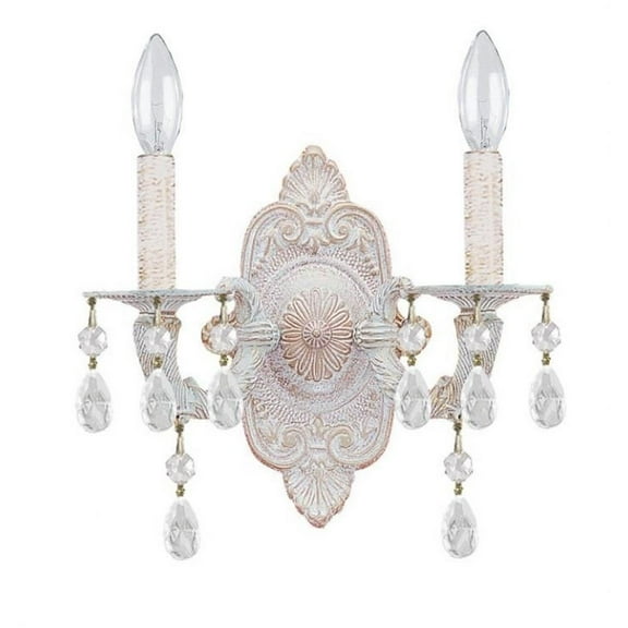 2 Light Steel Candle Wall Sconce with Crystal-9.5 inches H By 10 inches W-Antique White Finish-Hand Cut Crystal Type-Clear Crystal Color Bailey Street