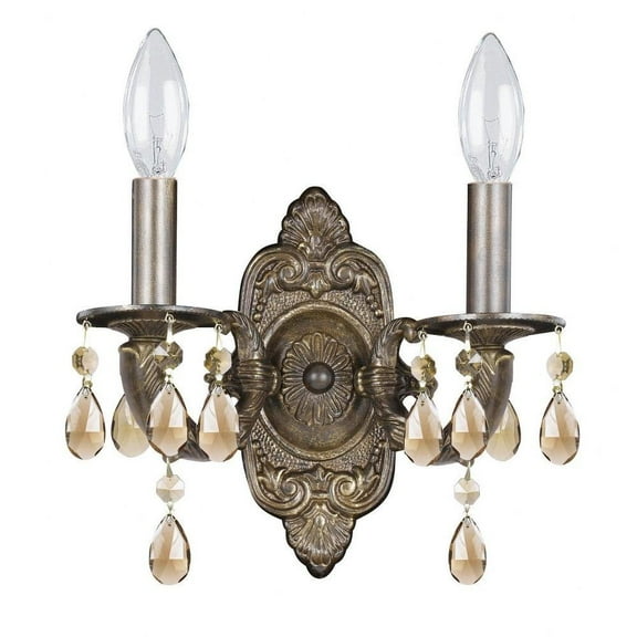 2 Light Steel Candle Wall Sconce with Crystal-9.5 inches H By 10 inches W-Venetian Bronze Finish-Hand Cut Crystal Type-Golden Teak Crystal Color