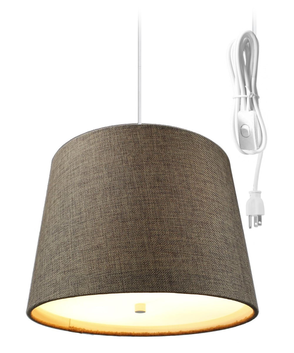 Elegant Chocolate Burlap Drum Pendant Light with White Diffuser