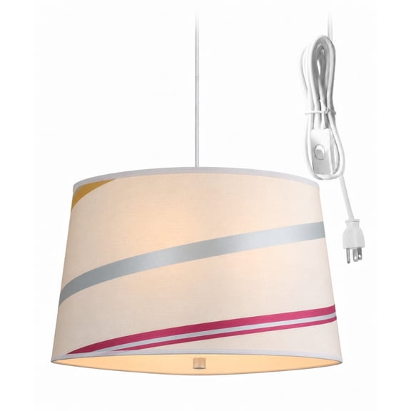 2 Light Swag Plug-In Pendant 14"w Juliette Striped Raw Silk Drum Shade with Diffuser, White Cord