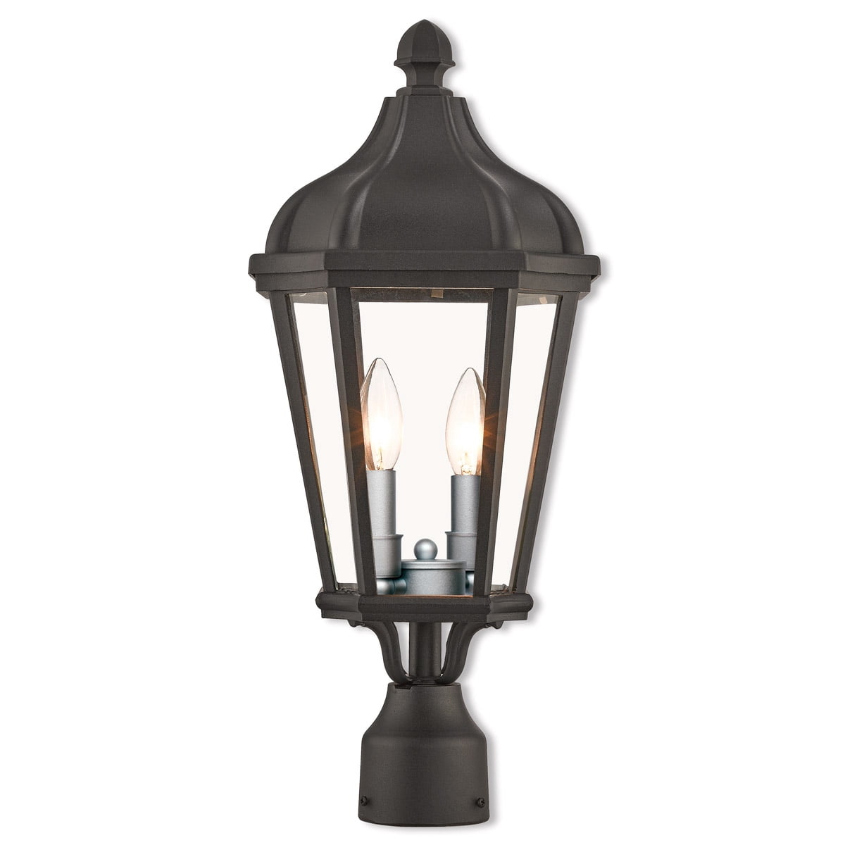 2 Light TBK Outdoor Post Top Lantern with Clear Glass Shade backed with Cast Aluminum material for patio, front porch, entryway and more