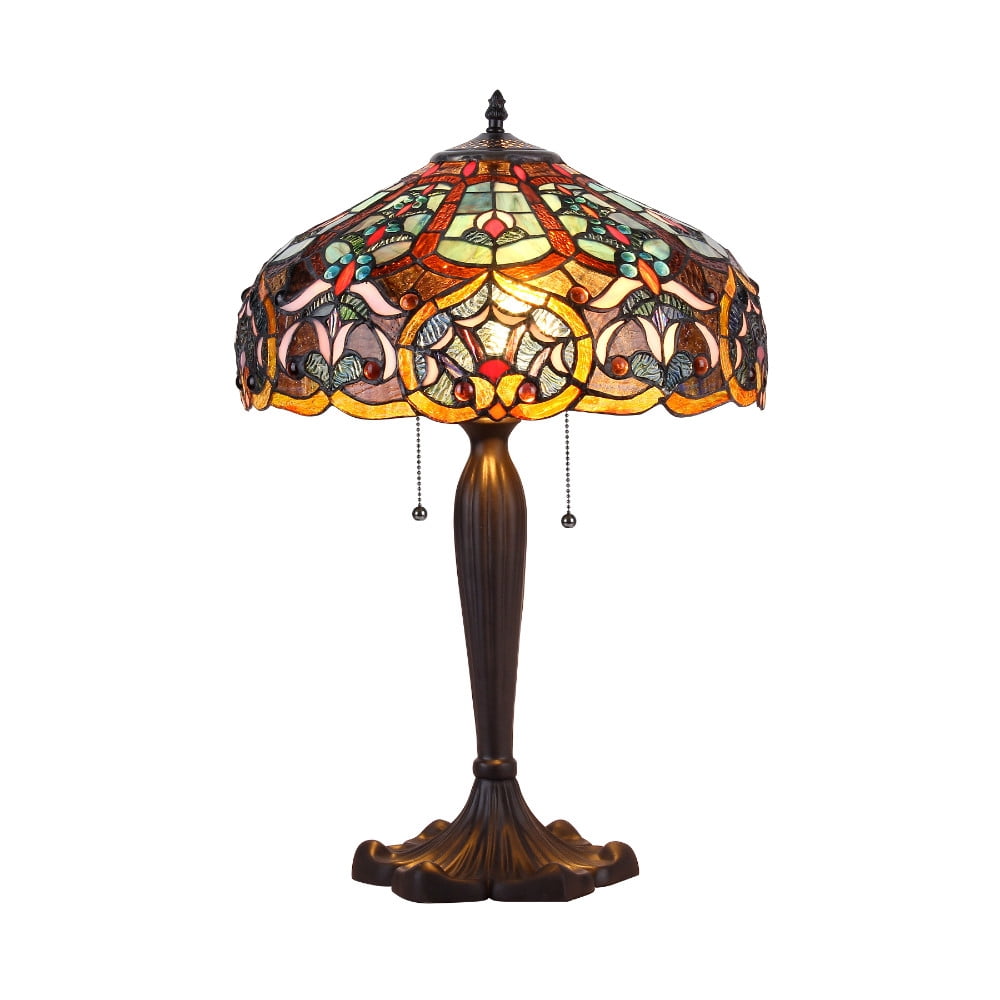 Victorian Multicolor Stained Glass Table Lamp with Bronze Base