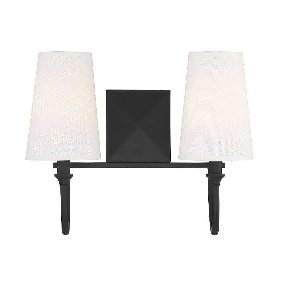 Cameron Matte Black 2-Light Vanity with Tall White Fabric Shades