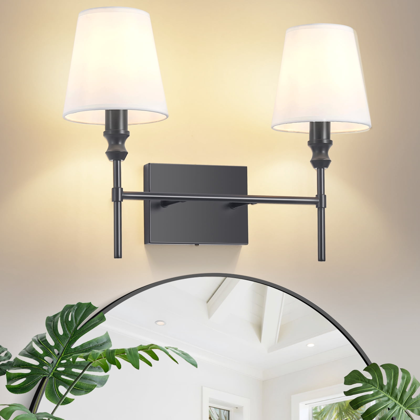2-Light Vanity Lights for Bathroom,18.5 in Vintage Black Bathroom Vanity Light Fixtures,with Flared White Fabric Lampshade for Bedroom,Living Room,Foyer,Hardwired,E12 Base