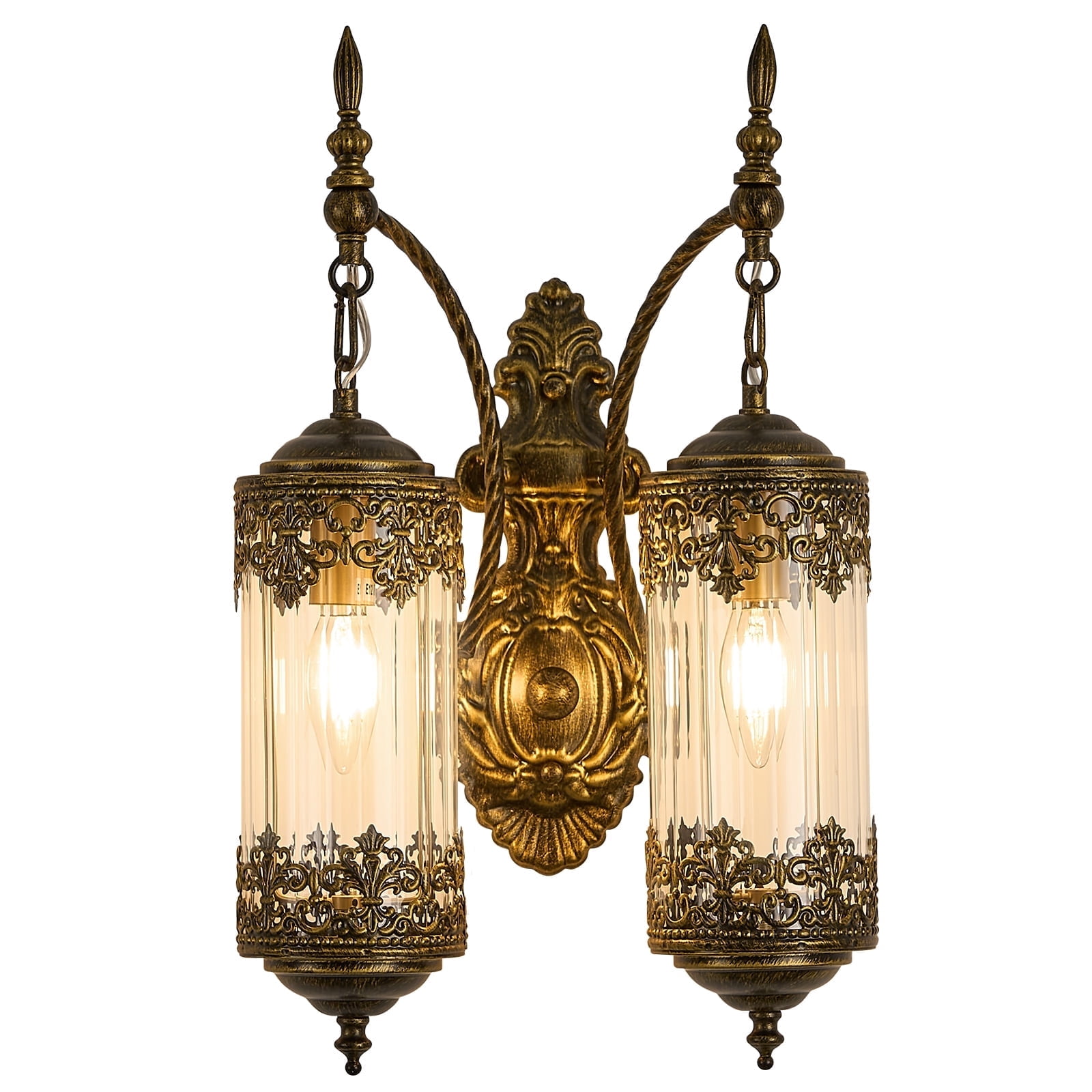 2-Light Vintage Wall Sconce Glass Lantern Wall Sconces Rustic Gold Gothic Wall Lamp Hardwired Glass Wall Lighting Fixture for Bedroom, Living Room, Aisle, Hallway