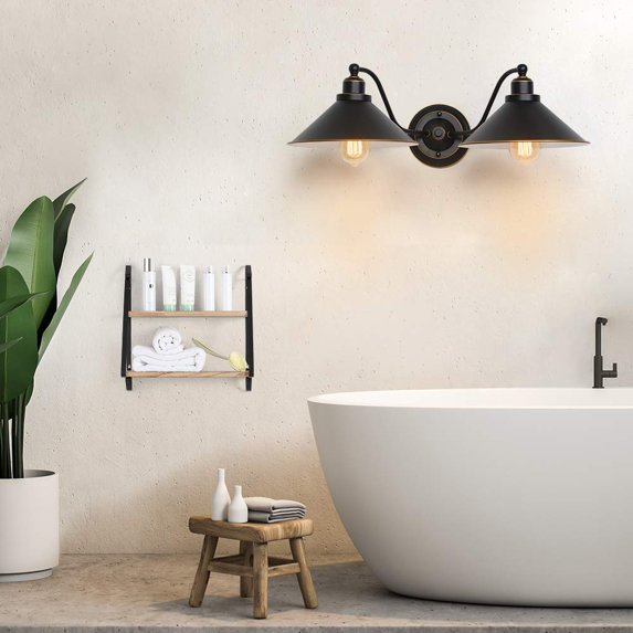 2-Light Wall Gooseneck Sconce-Bathroom Black Vanity Light Fixtures with Metal Shade