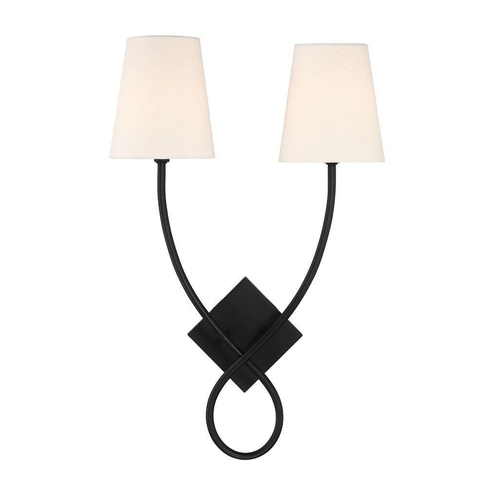 Matte Black 2-Light Wall Sconce with White Linen Shades