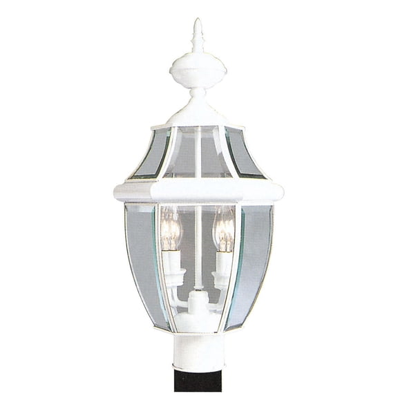 2 Light White Outdoor Post Lantern Pendant Lighting Fixture with Clear Beveled Glass Shade backed with Hand Crafted Solid Brass material for patio, front porch, entryway and more