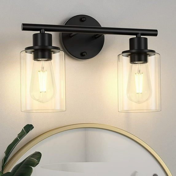2-Lights Bathroom Lights Fixtures Vanity Lights with Glass Shape, Black