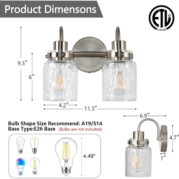 2 Lights Bathroom Vanity Light, Brushed Nickel Bathroom Light Fixtures with Hammered Glass Lampshade for Dressing Table,Over Mirror,Hallway