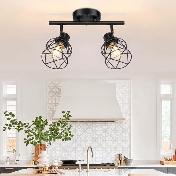 2-Lights Kitchen Light Fixtures Ceiling Mount Adjustable Semi Flush Mount with Metal Wire Cage Vintage Track Spotlight for Dining Room Farmhouse Entryway