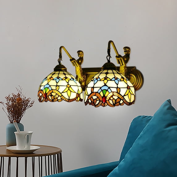 2 Lights Tiffany Mermaid Vanity Fixture Wall Lighting Stained Glass Wall Sconce! For Front Doors, Sheds, Hallways, Terraces