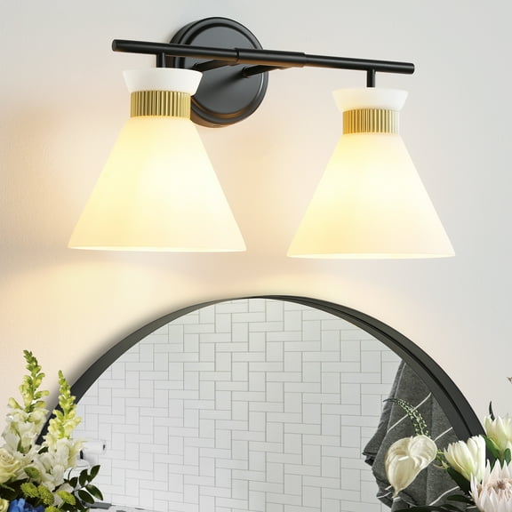 2-Lights Vanity Lights for Bathroom Black and Gold Wall Sconce Lighting with Frosted Milky Glass for Over Mirror Bedroom Hallway