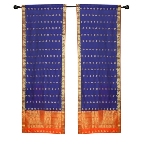 2 Lined Blue Bohemian Indian Sari Curtains Rod Pocket Living Room -60W x 96L