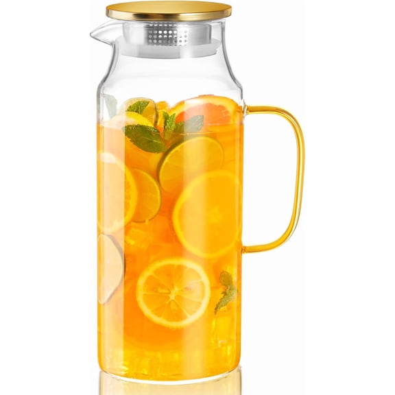 2 Liter 68 oz Glass Pitcher with Lid and Handle, Gold Glass Carafe for Fridge, Water Pitcher for Hot/Cold Water, Large Jug for Iced Tea, Coffee, Juice and Homemade Beverage