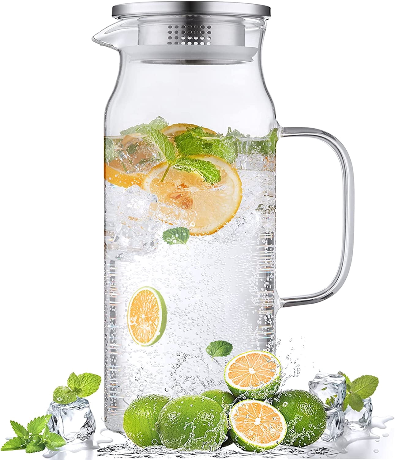 Ice Tea Pitcher Set 2 Liter 68 oz Glass Pitcher with Lid and Handle, Glass Carafe for Hot ...