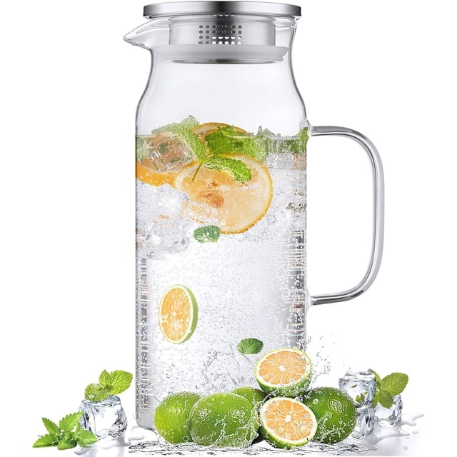 Ca Rave Glass 2 Liter 68 oz Glass Pitcher with Lid and Handle, Glass Carafe for Hot ...