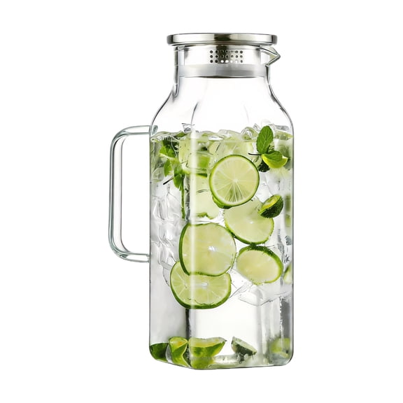 2 Liter/68 oz Square Glass Pitcher with Lid, Classic Stripes Water Pitchers with Handle for Fridge, Large Borosilicate Glass Carafe for Iced Tea, Coffee, Hot/Cold Brew Drink, Gold