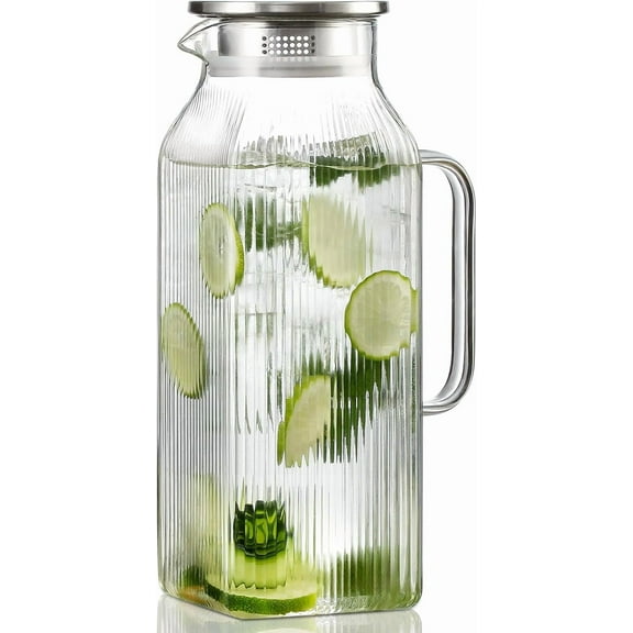 2 Liter/68 oz Square Glass Pitcher with Lid, Classic Stripes Water Pitchers with Handle for Fridge, Large Jug for Iced Tea, Coffee, Borosilicate Glass Carafe for Hot/Cold Brew Drink(wwx)