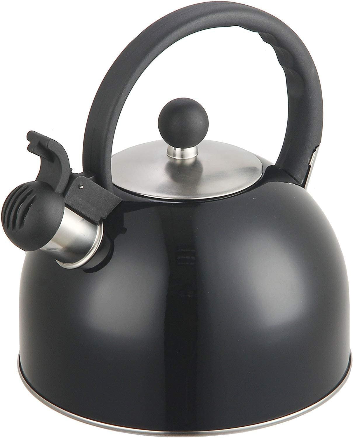DFL 2 Liter Stainless Steel Whistling Tea Kettle - Modern Stainless Steel Whistling Tea Pot for Stovetop with Cool Grip Ergonomic Handle (2L Black)