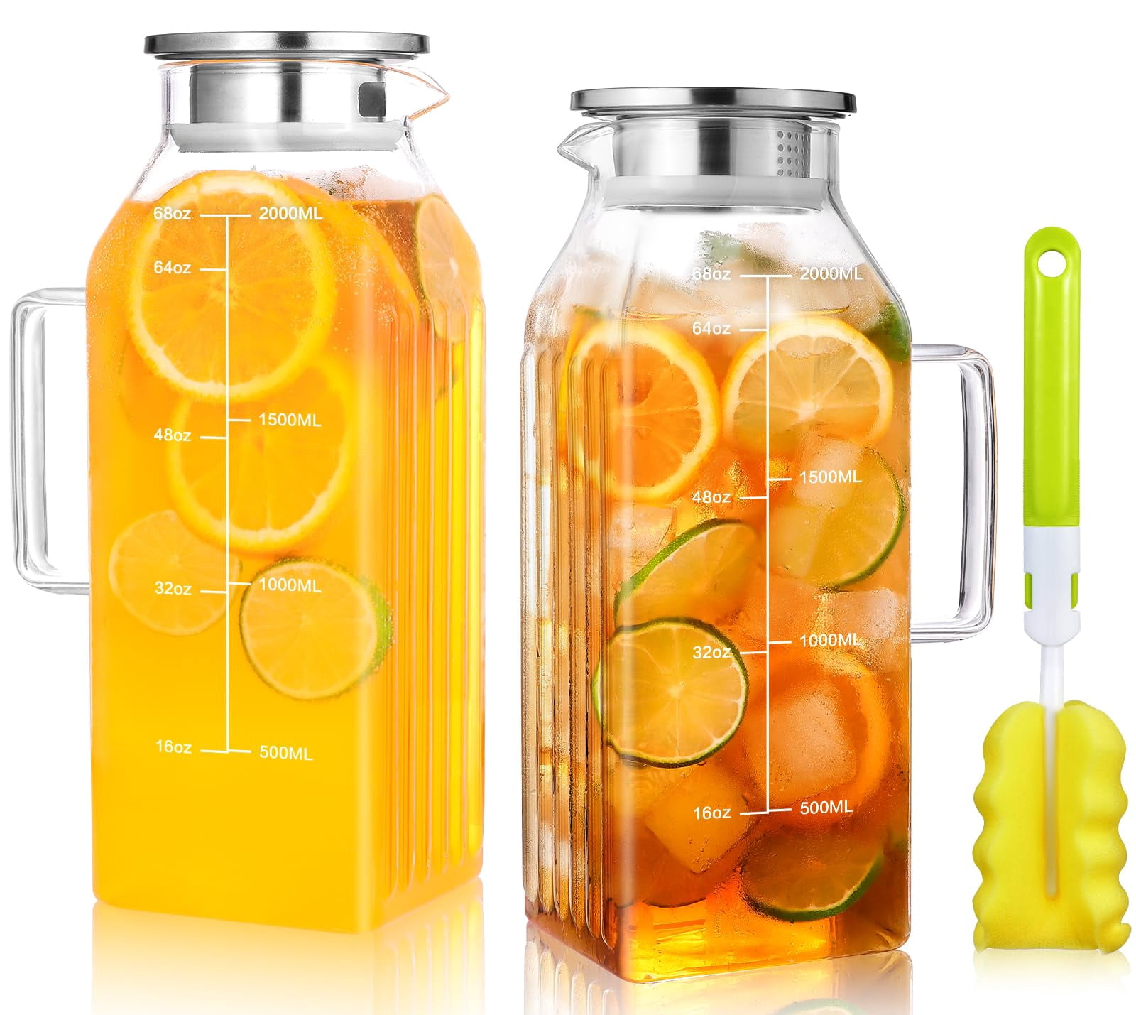 2 Liters/68oz 2 Pack Square Glass Pitcher With Lid And Handle For ...